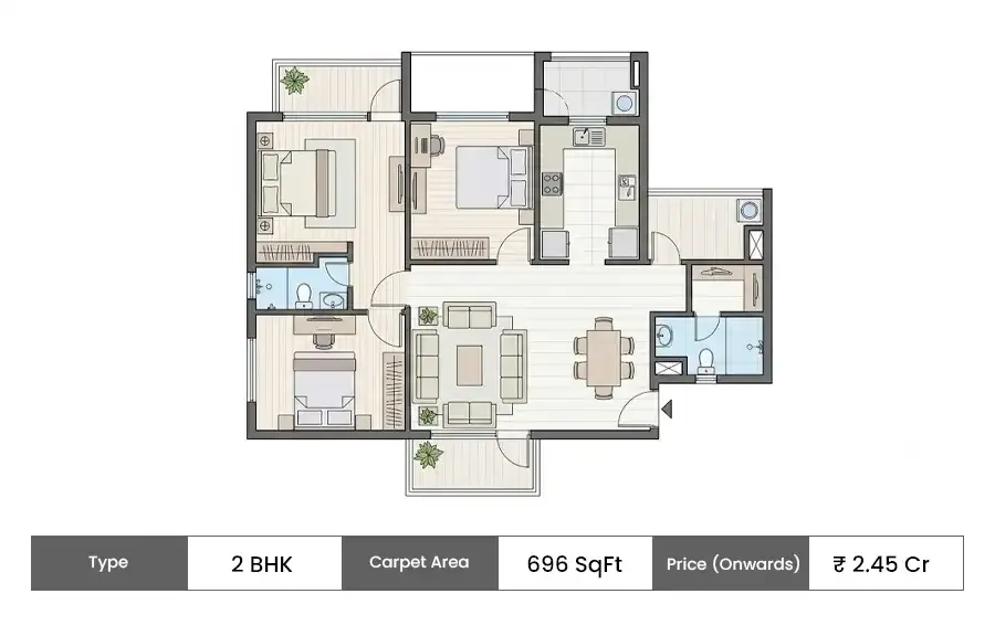 Kanakia Privaasa 2 BHK floor plan, 696 sq ft carpet area