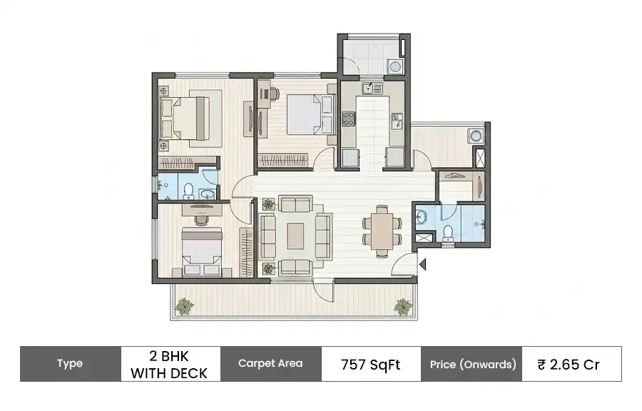 Kanakia Privaasa 2 BHK With Deck floor plan, 757 sq ft carpet area