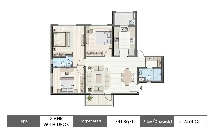 Kanakia Privaasa 2 BHK With Deck floor plan, 741 sq ft carpet area